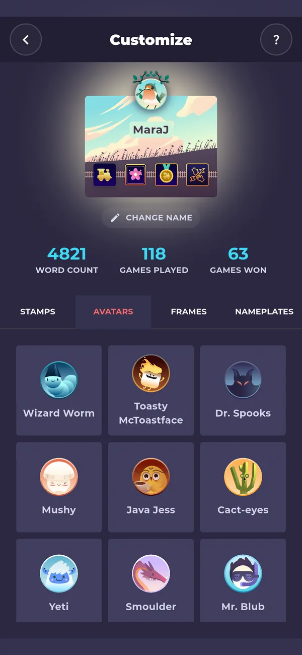 The Word Rails Customize screen, choosing from avatars like Wizard Worm and Toasty McToastface