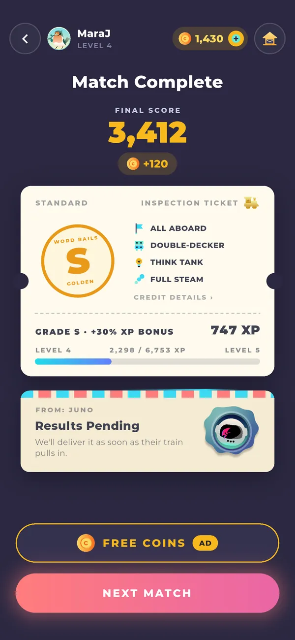 A Word Rails match result: final score 3,412 and a golden S grade on the Inspection Ticket