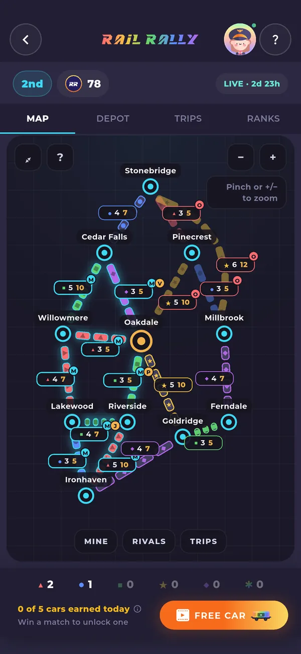 The Rail Rally map in Word Rails, with rail routes between towns for players to claim