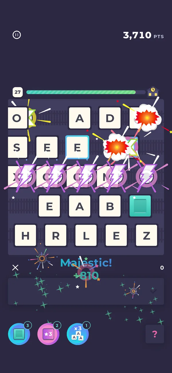 Lightning and Bomb cars going off on a Word Rails board for a Majestic word score
