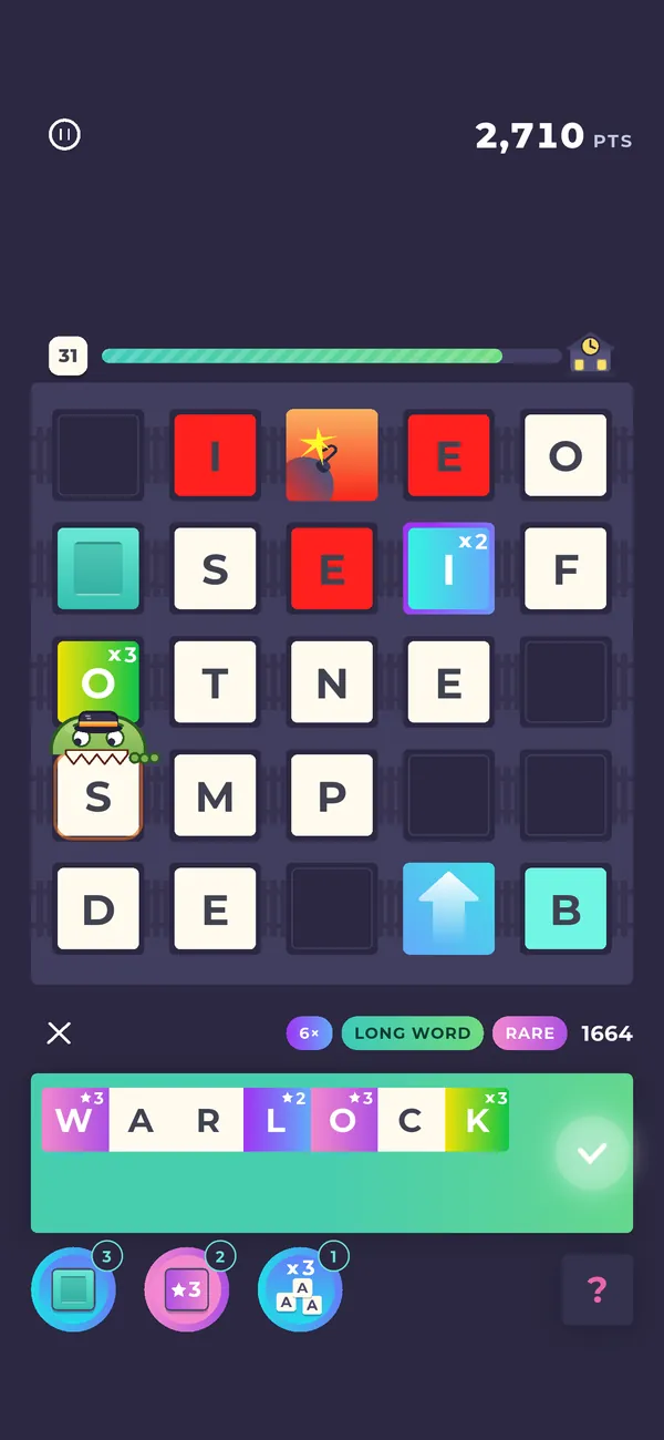 Spelling WARLOCK on a Word Rails board, with Timothy the Trestle Troll riding on a tile