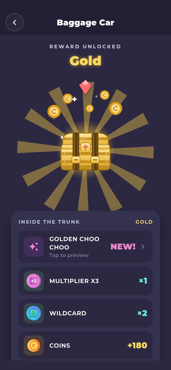 Opening a Gold reward trunk in Word Rails, with coins, boosts and a new nameplate inside