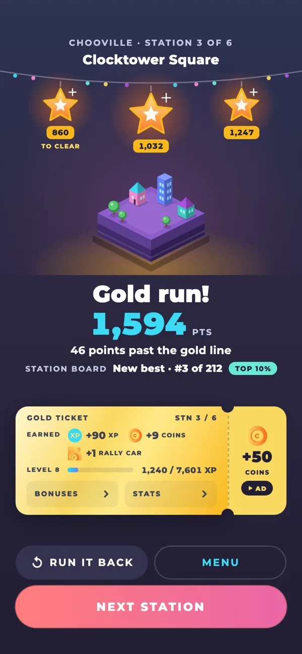 A Word Rails result after a Journey station: a Gold run of 1,594 points, all three stars lit gold above the station