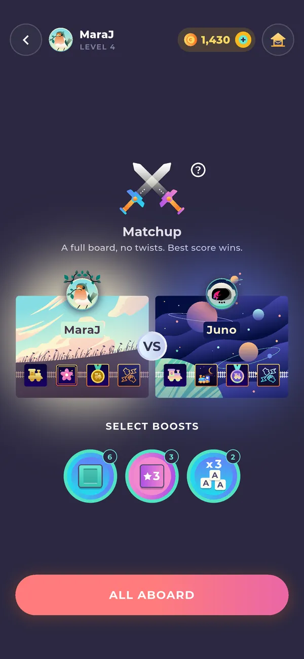 The Word Rails pre-match screen: a Matchup between two riders, with boosts to select